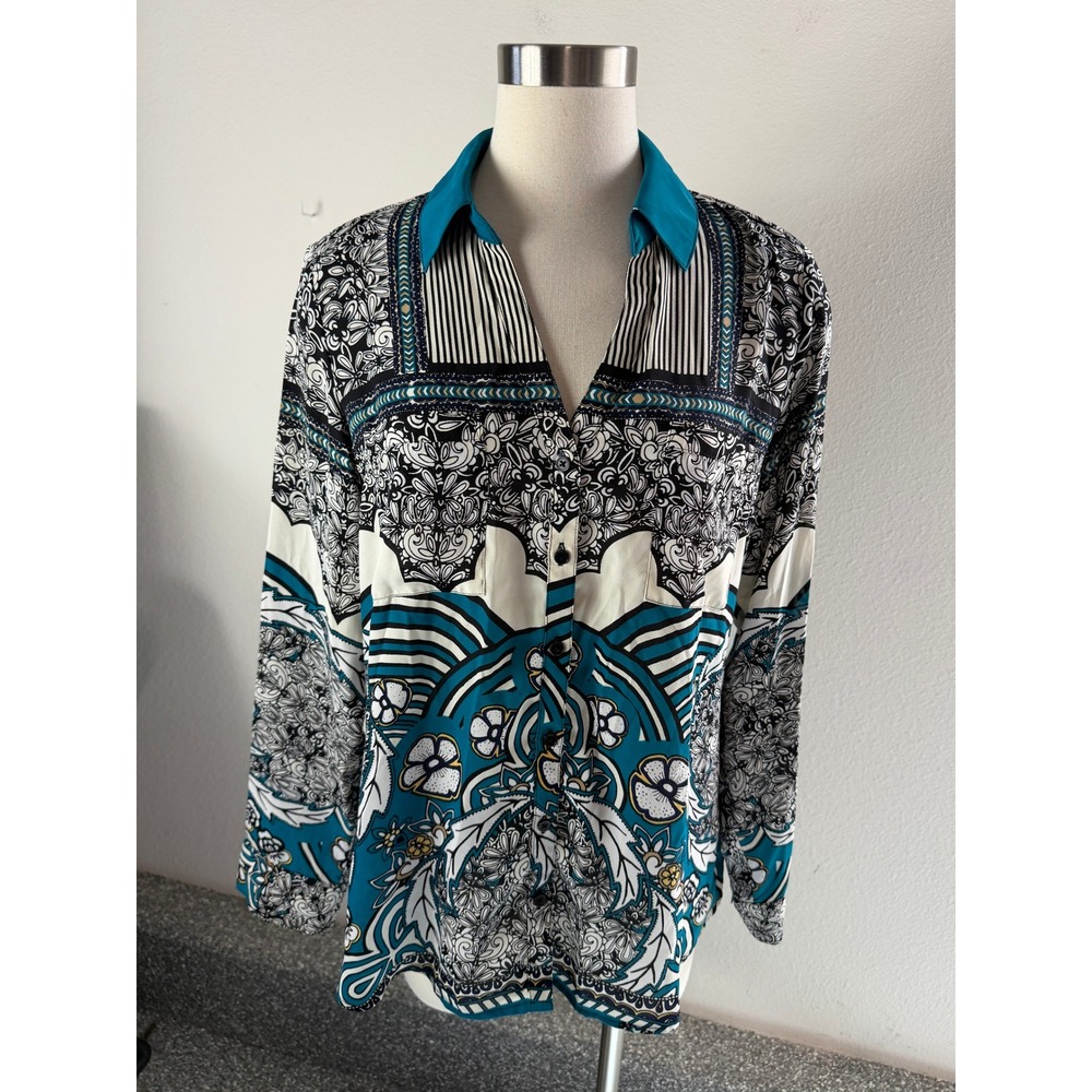 Express Portofino Shirt Womens Large Teal Black White Paisley Stripe Blouse